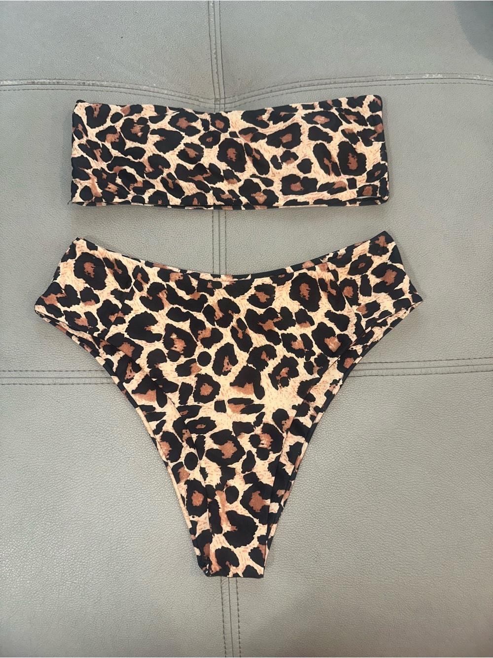 Leopard Print Bandeau Bikini Set in Tan & Black